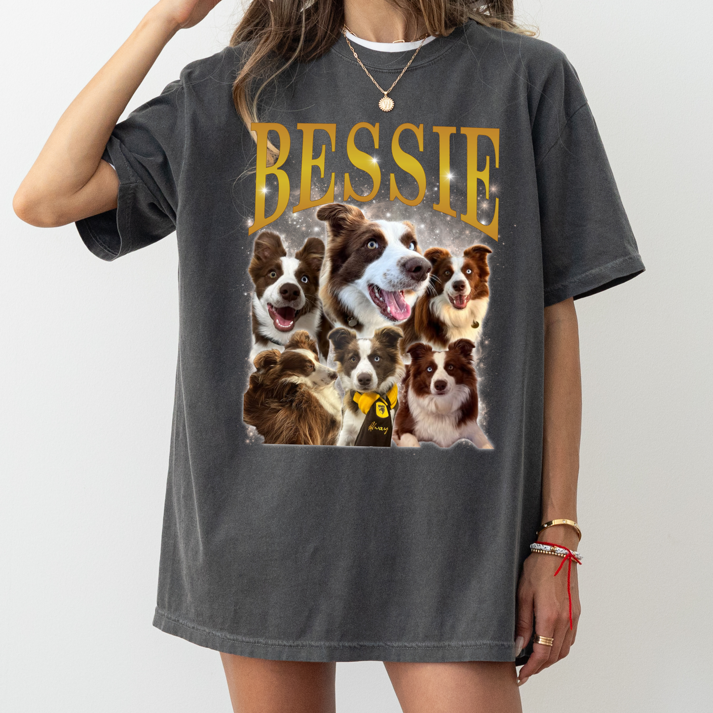 a woman wearing a t - shirt with dogs on it