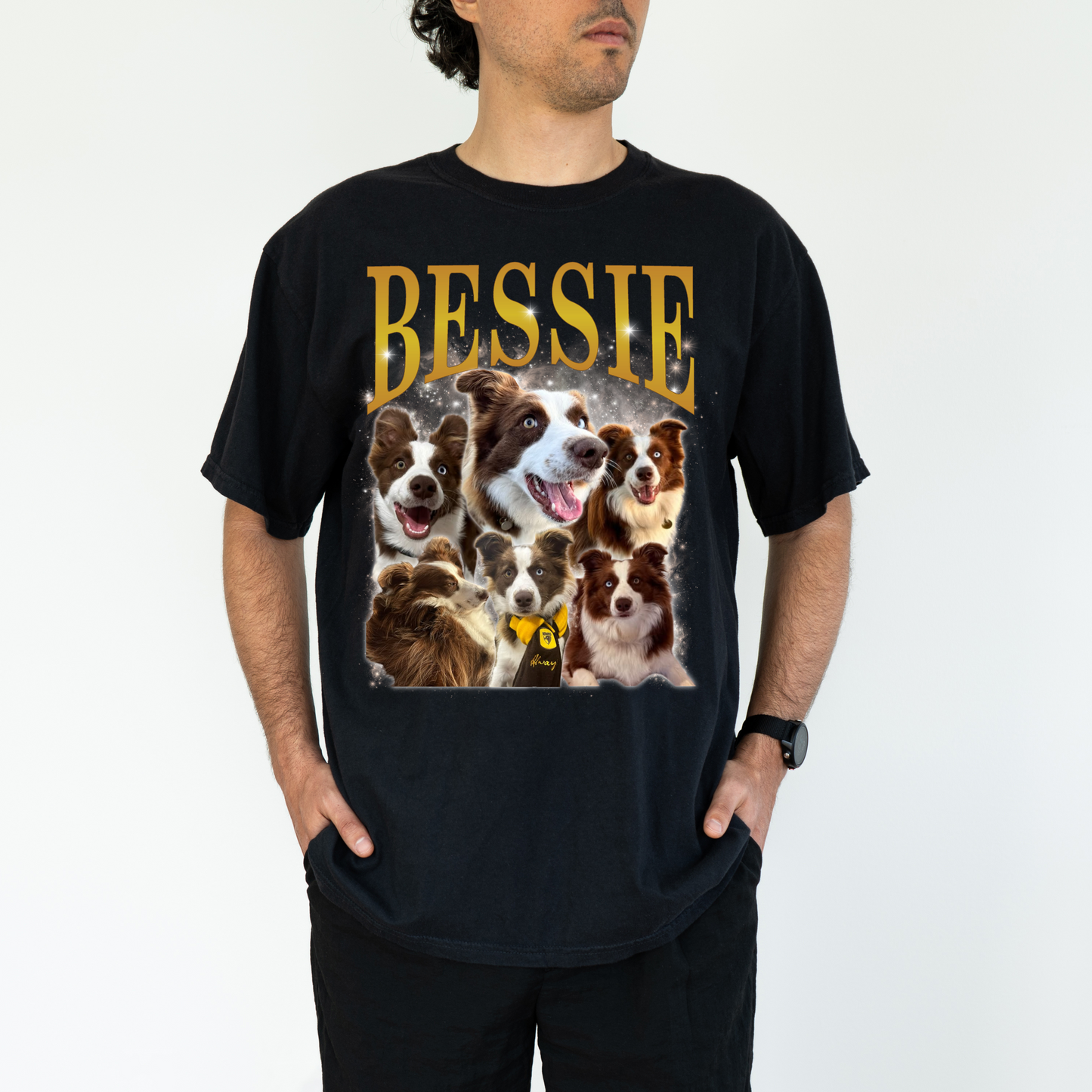 a man wearing a t - shirt with dogs on it