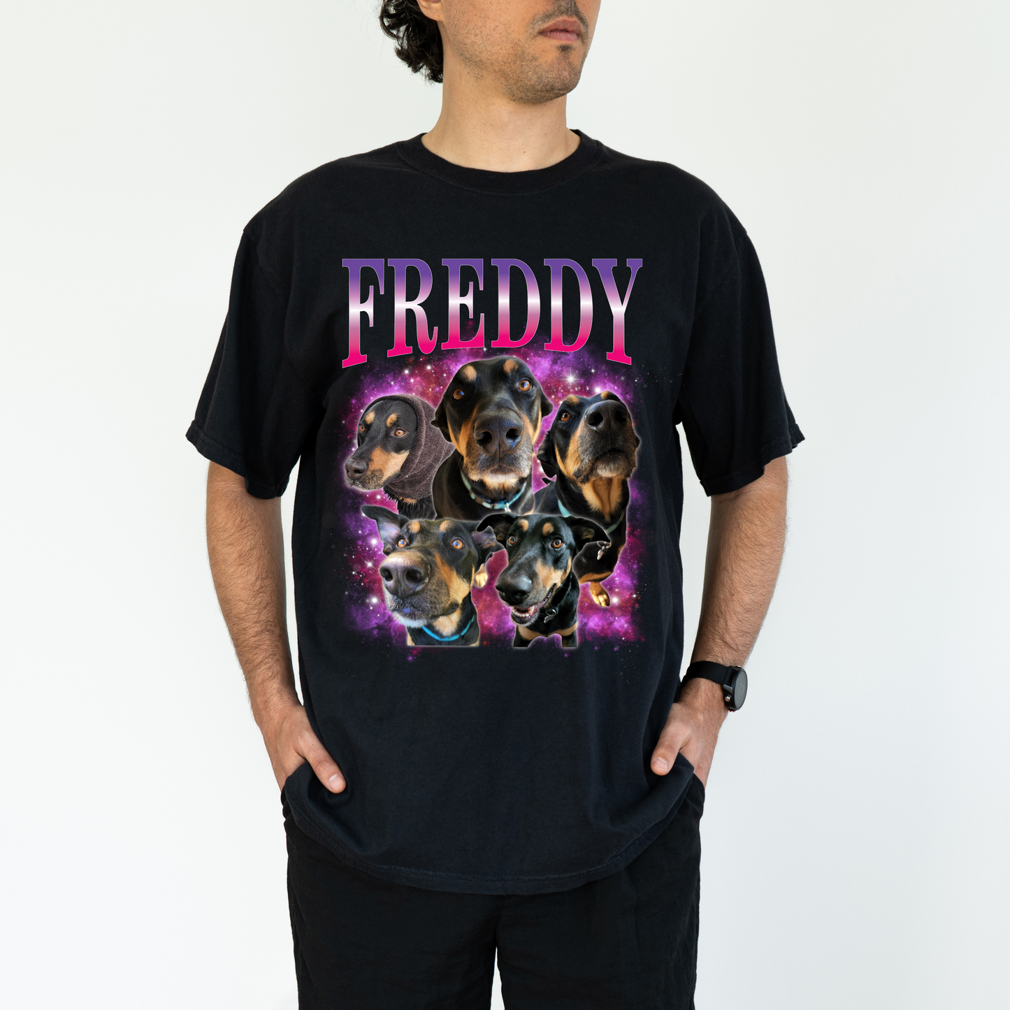 a man wearing a t - shirt with dogs on it