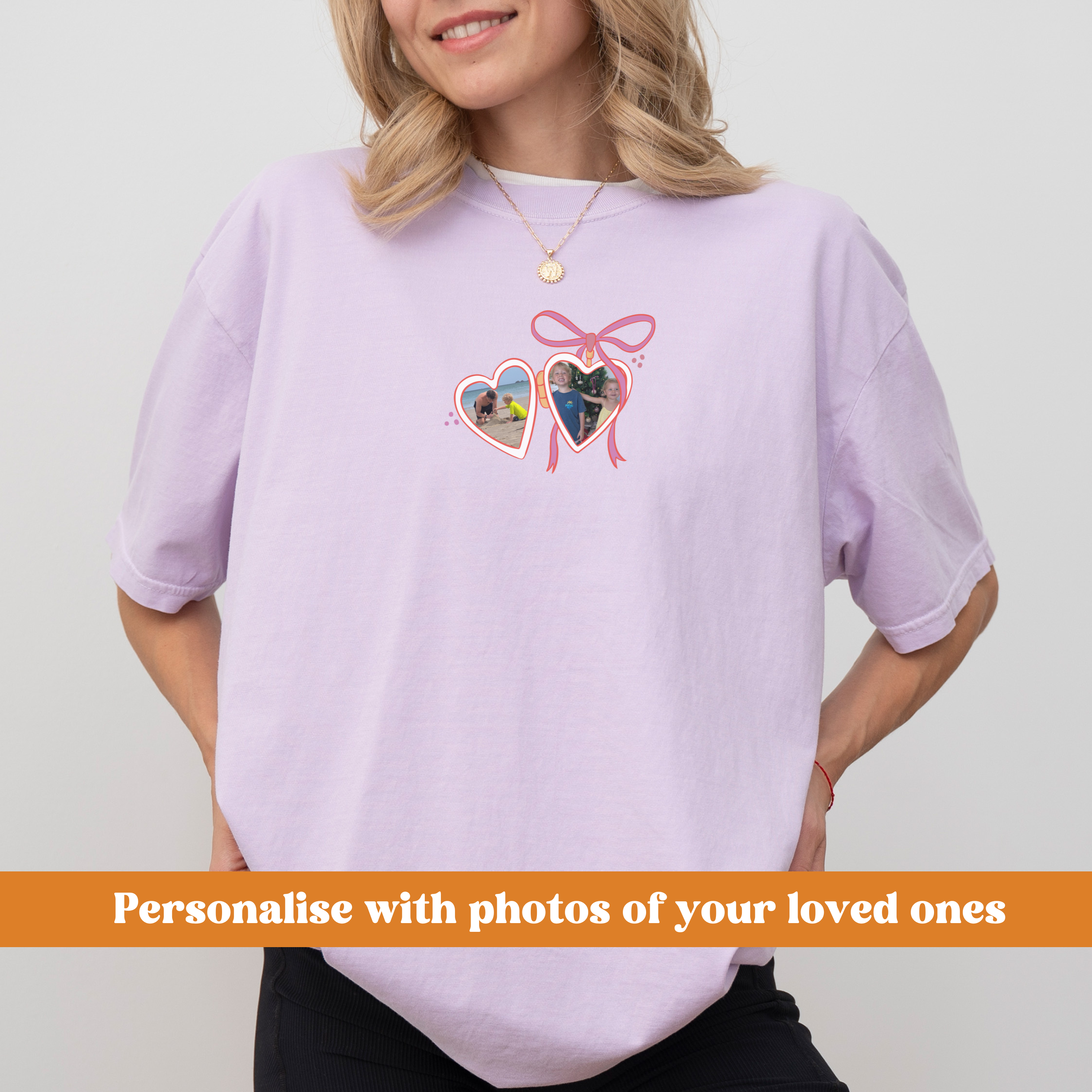 a woman wearing a purple shirt with hearts on it