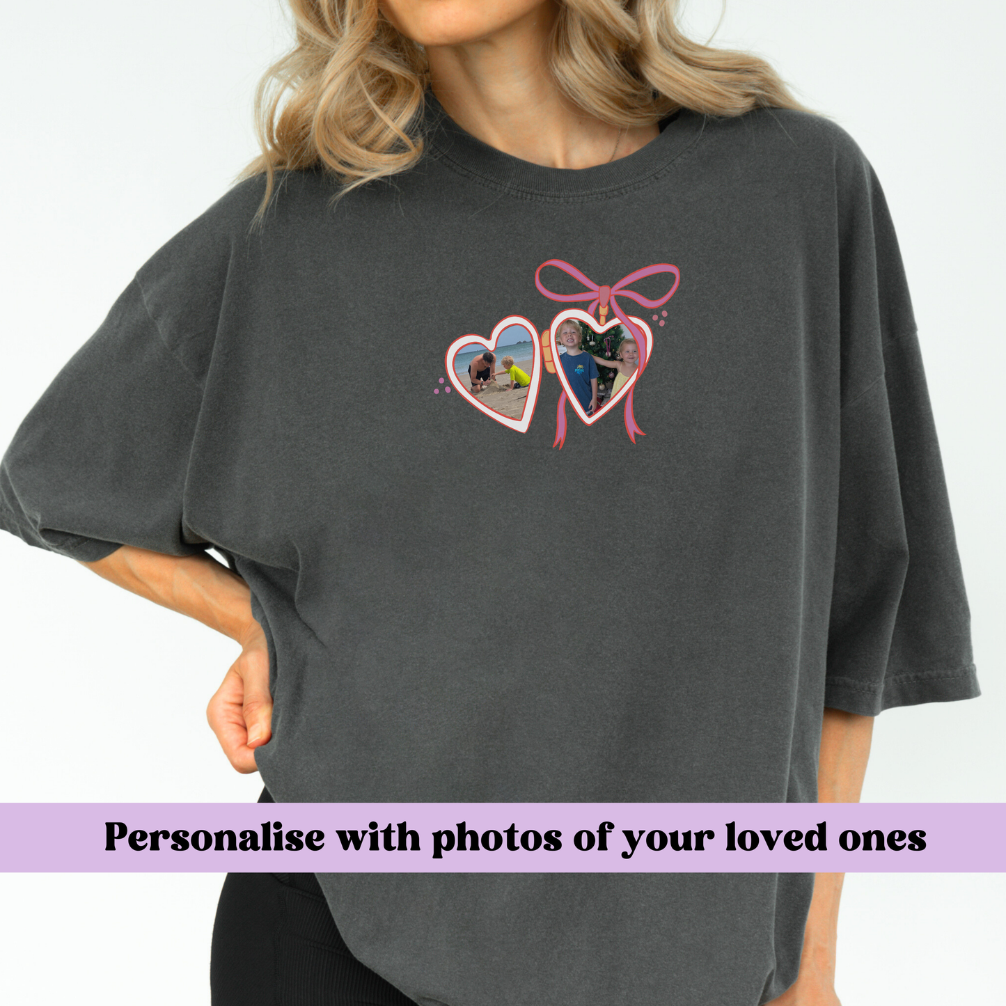 a woman wearing a t - shirt with two hearts on it