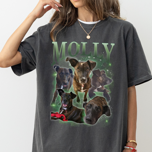 a woman wearing a t - shirt with dogs on it