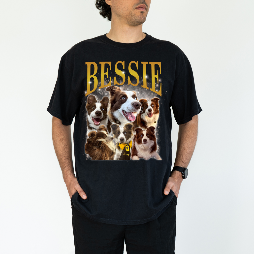 a man wearing a t - shirt with dogs on it