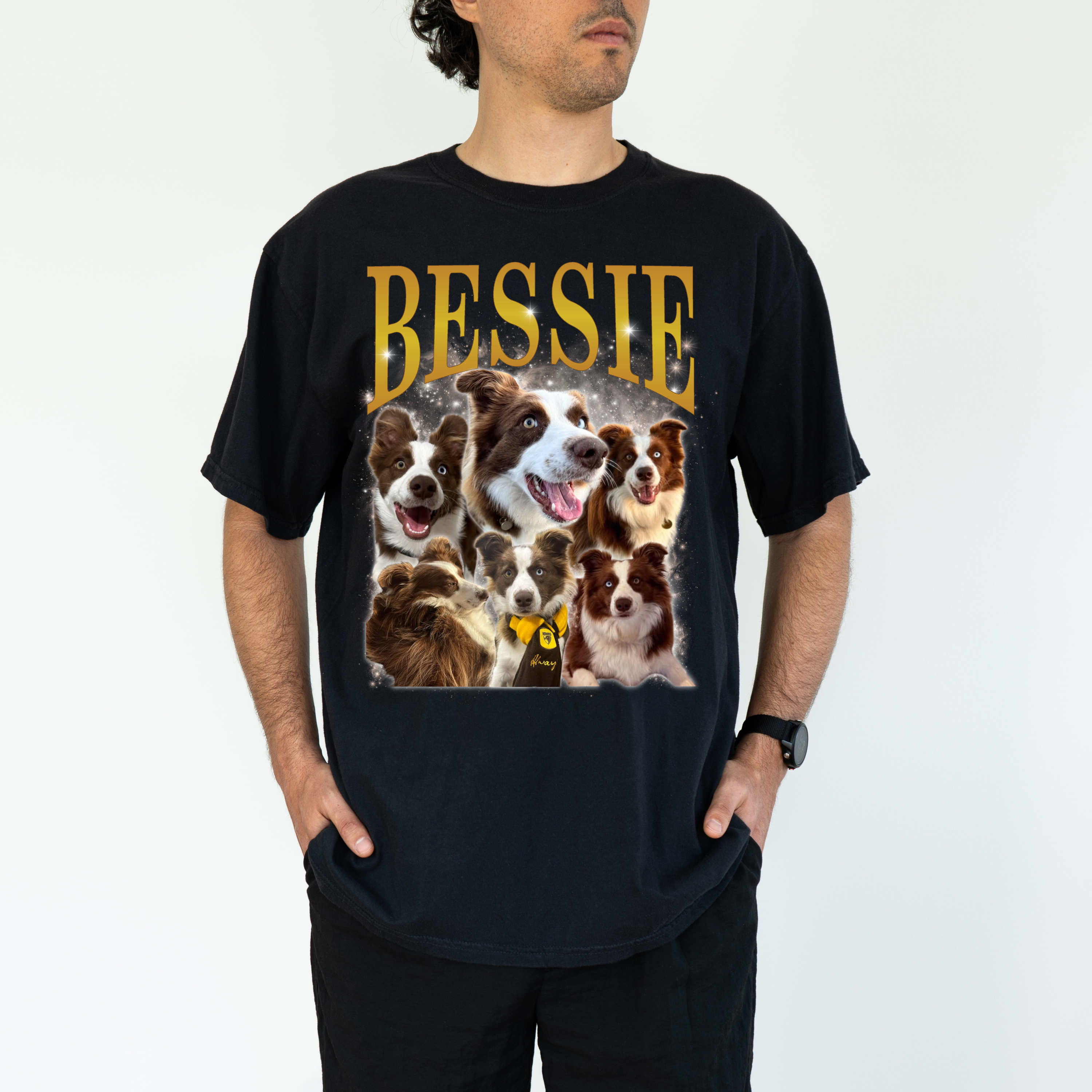 a man wearing a t - shirt with dogs on it