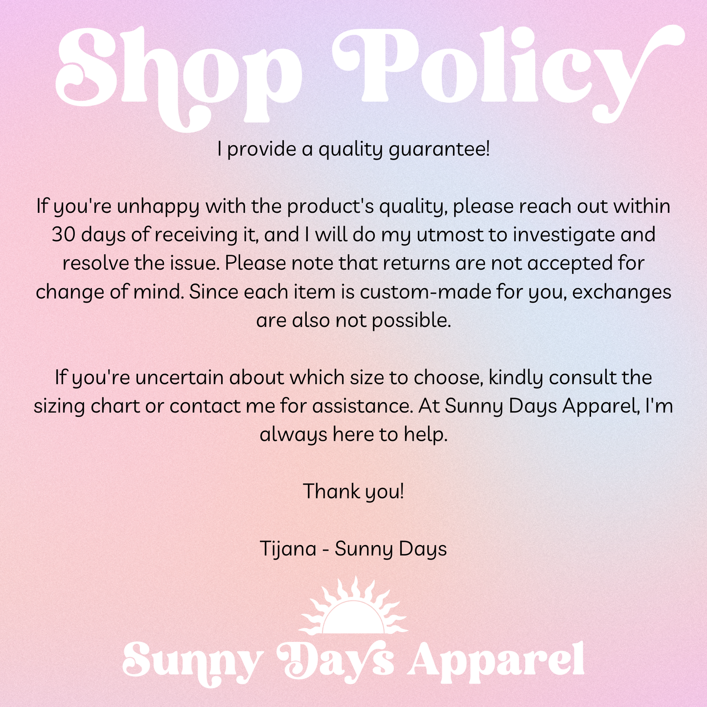 a pink and blue poster with the words shop policy