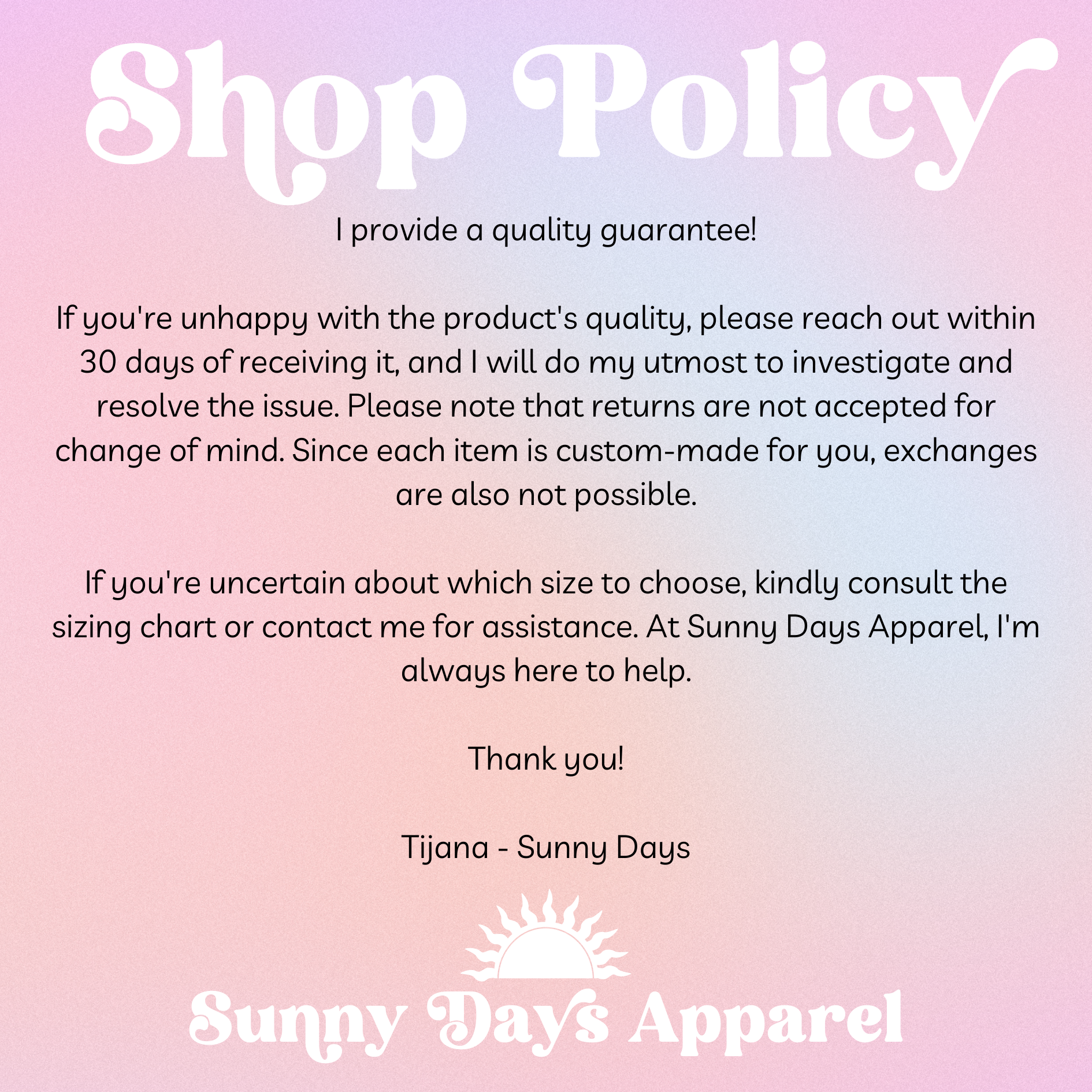 a pink and blue poster with the words shop policy