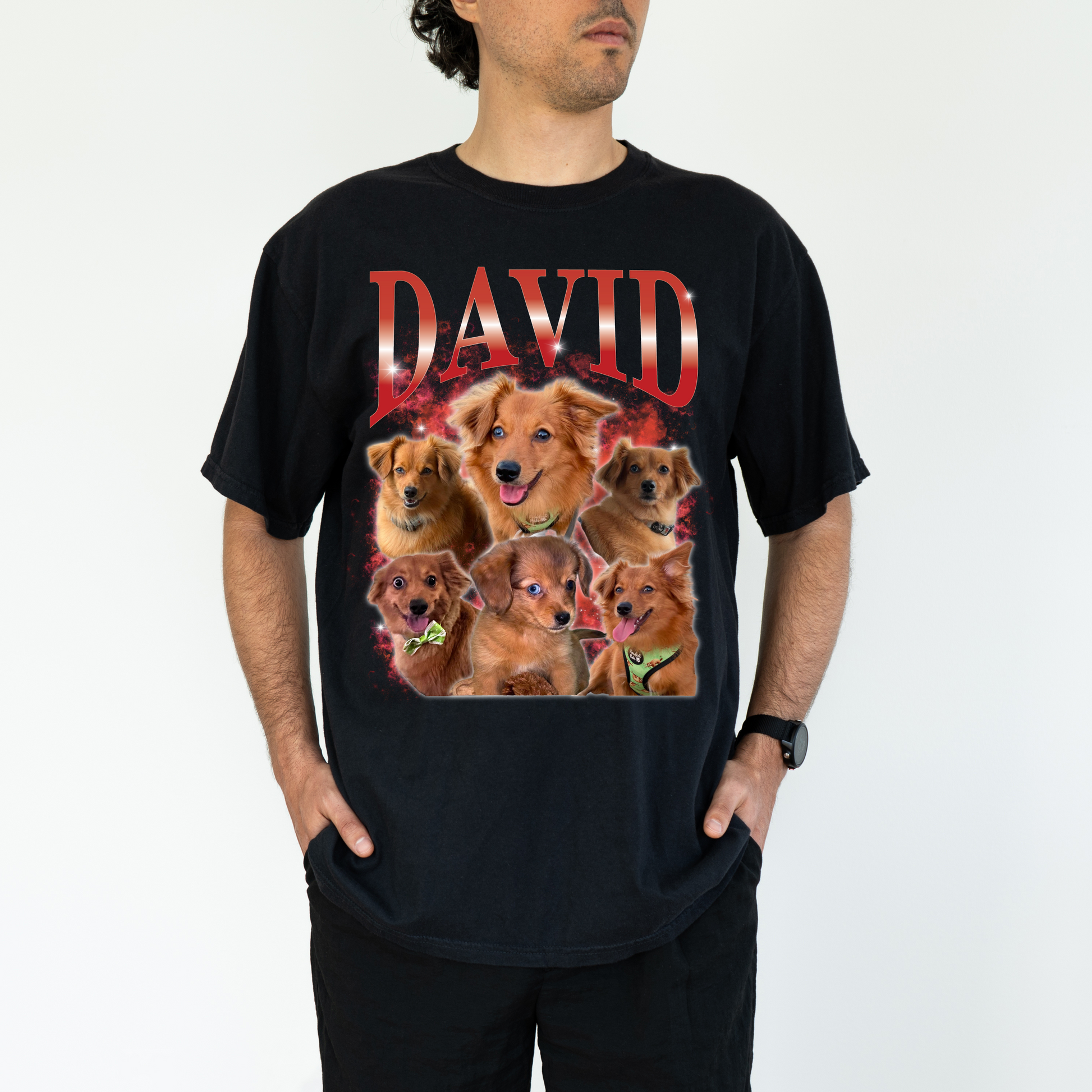 a man wearing a t - shirt with dogs on it