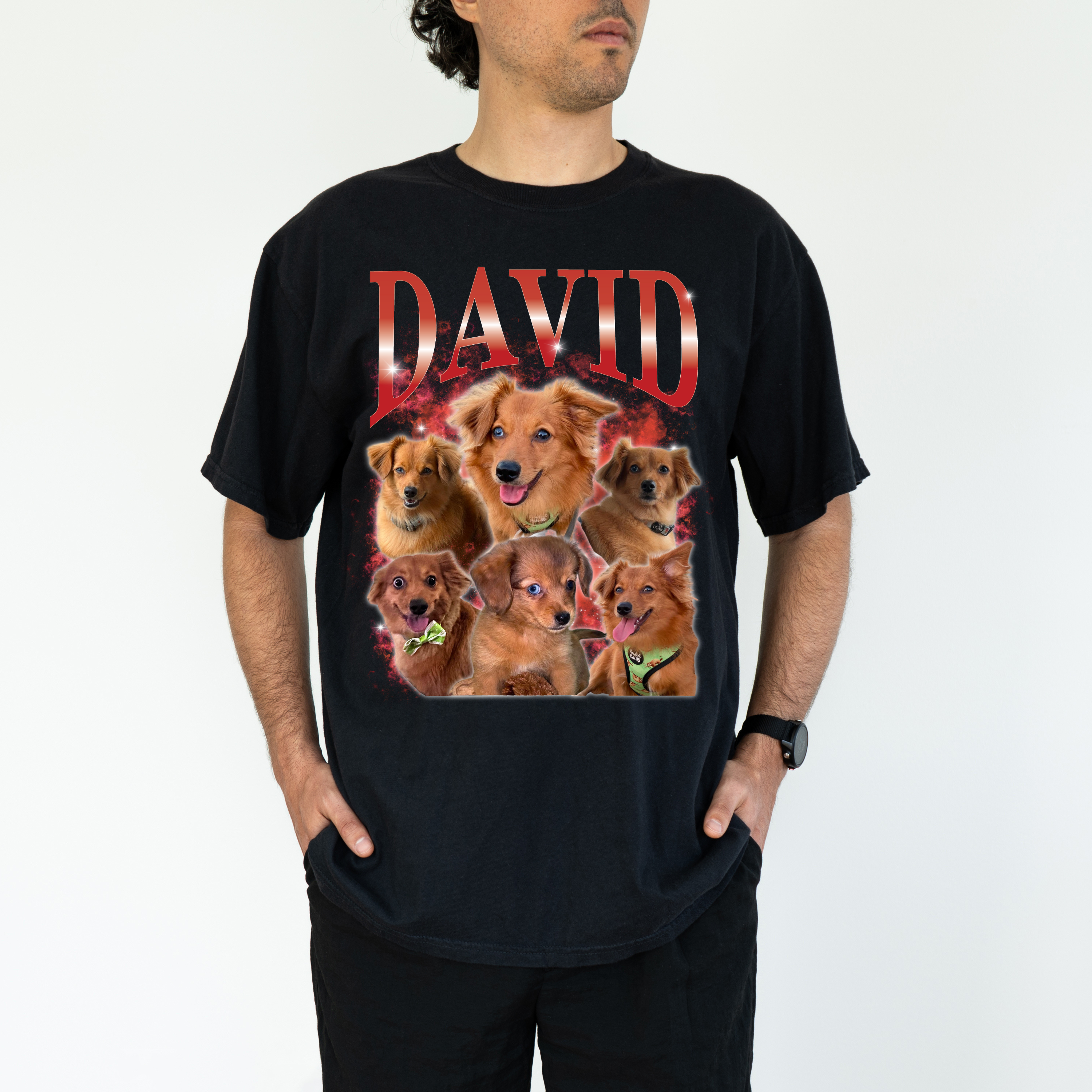 a man wearing a t - shirt with dogs on it