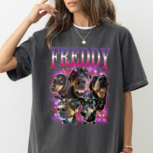 a woman wearing a t - shirt with dogs on it