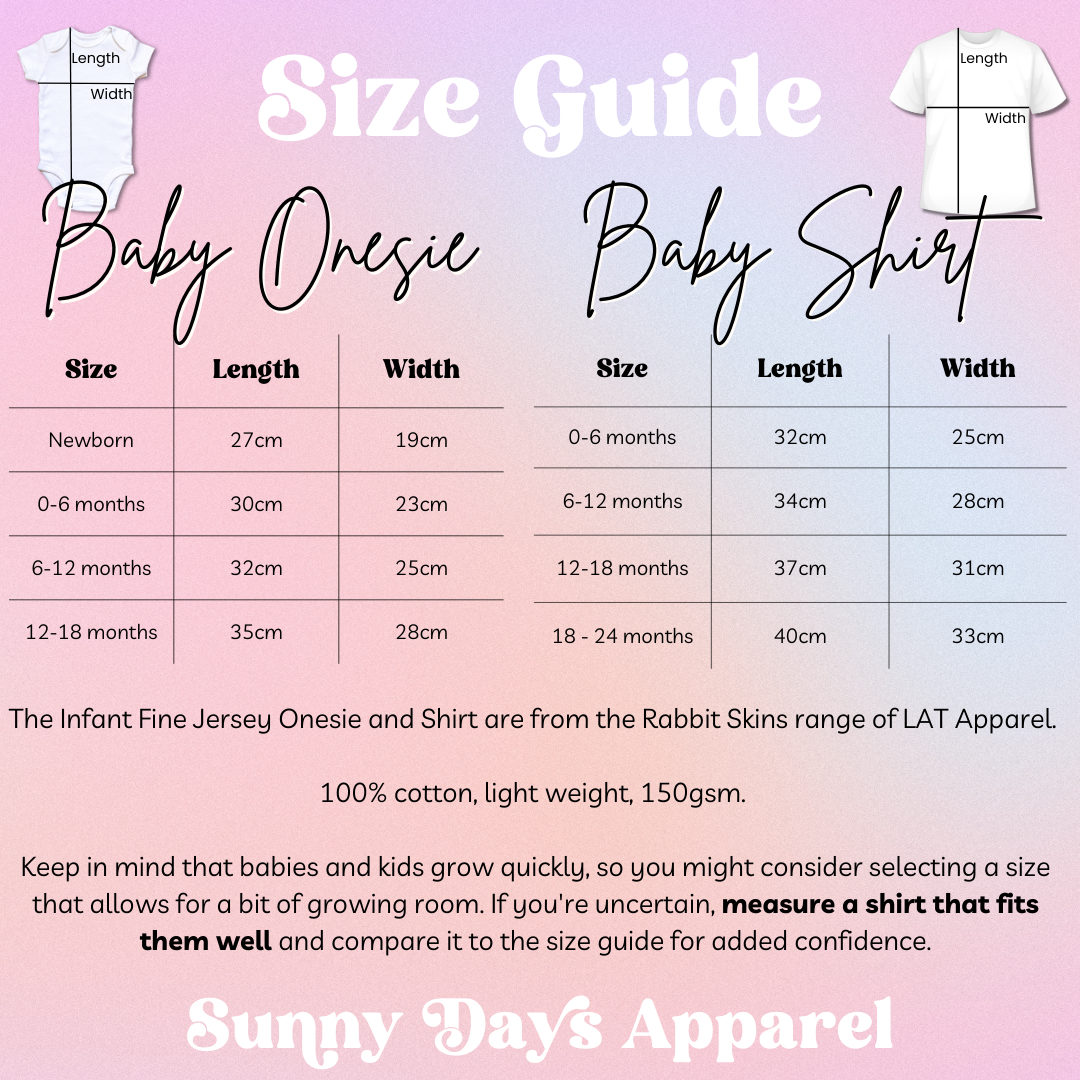 the size guide for a baby onesie shirt