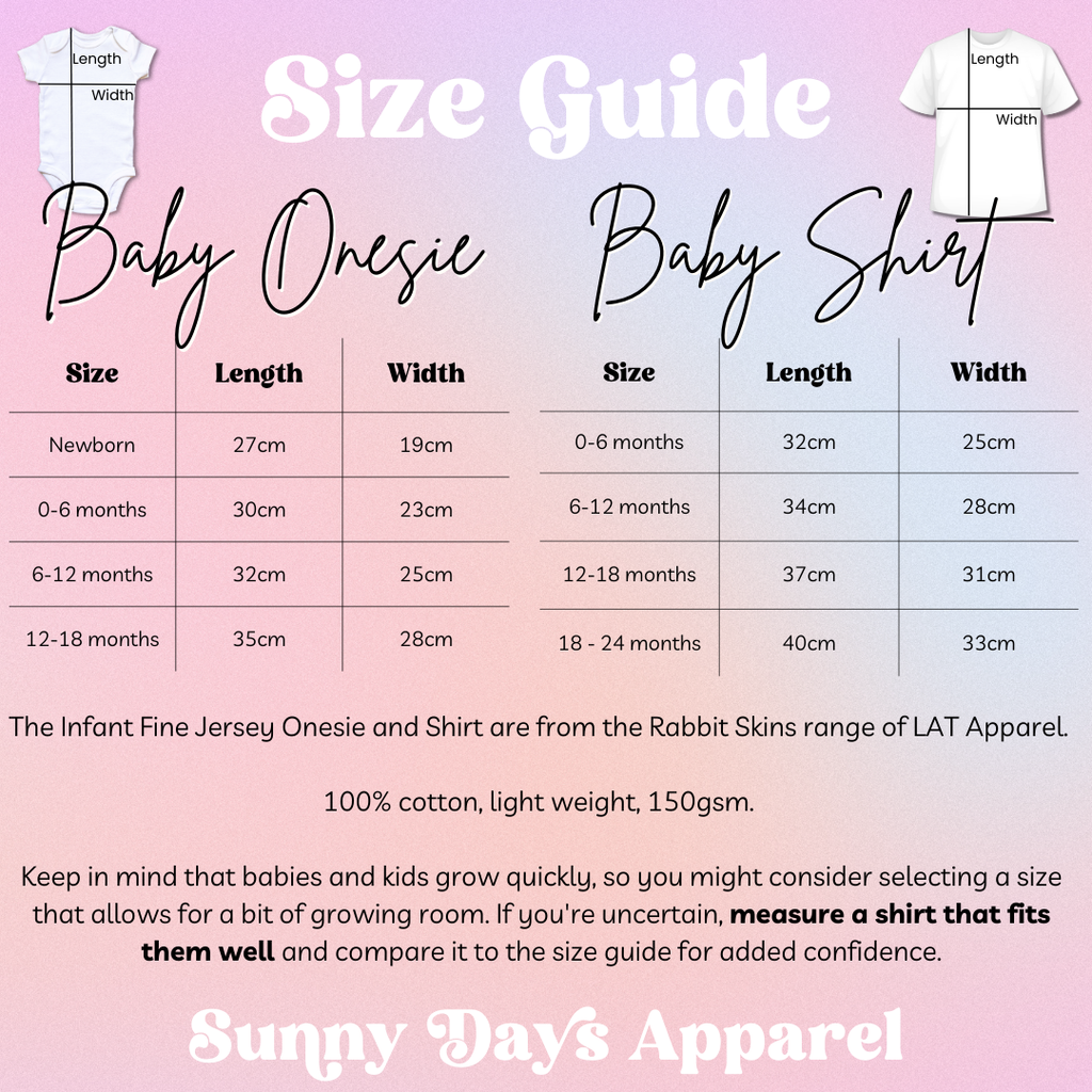 the size guide for a baby onesie shirt