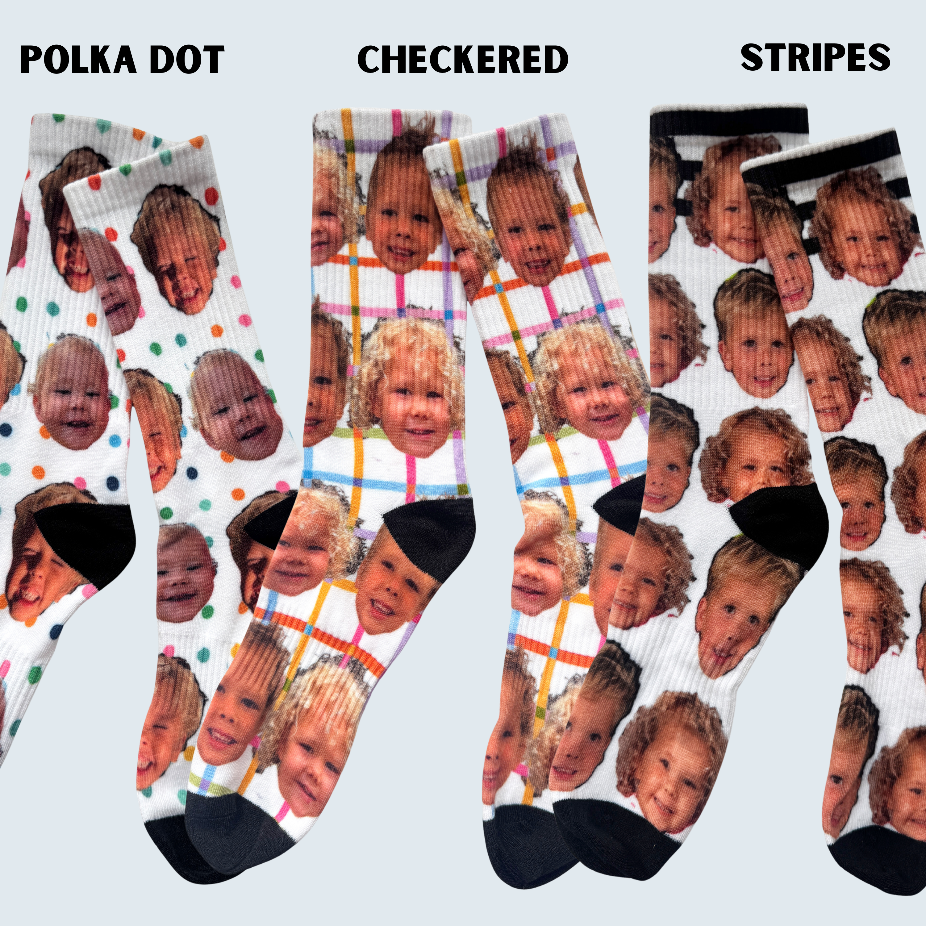 Three pairs of socks with different patterns on a white background