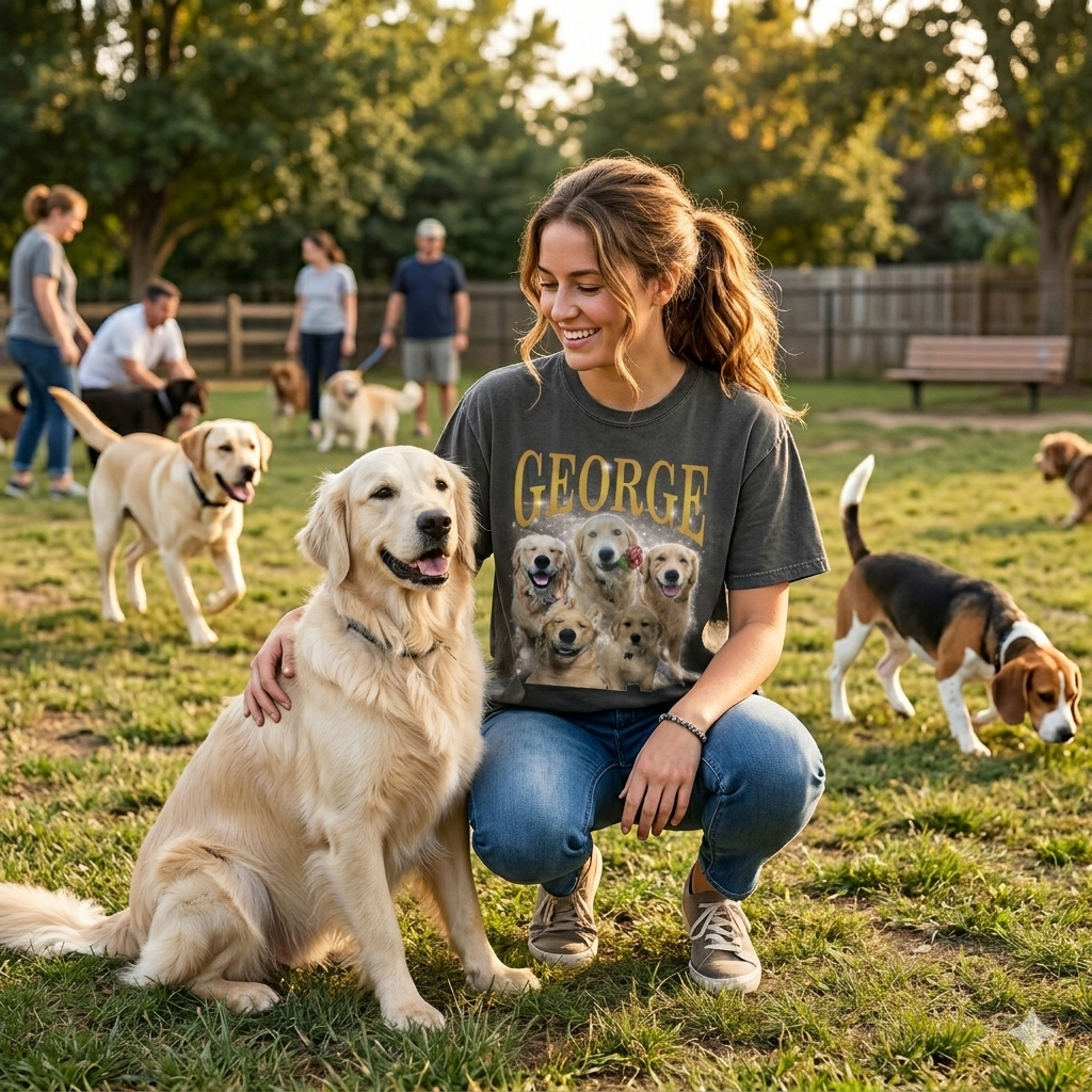 Woman with a dog in a park with other people and dogs in the background