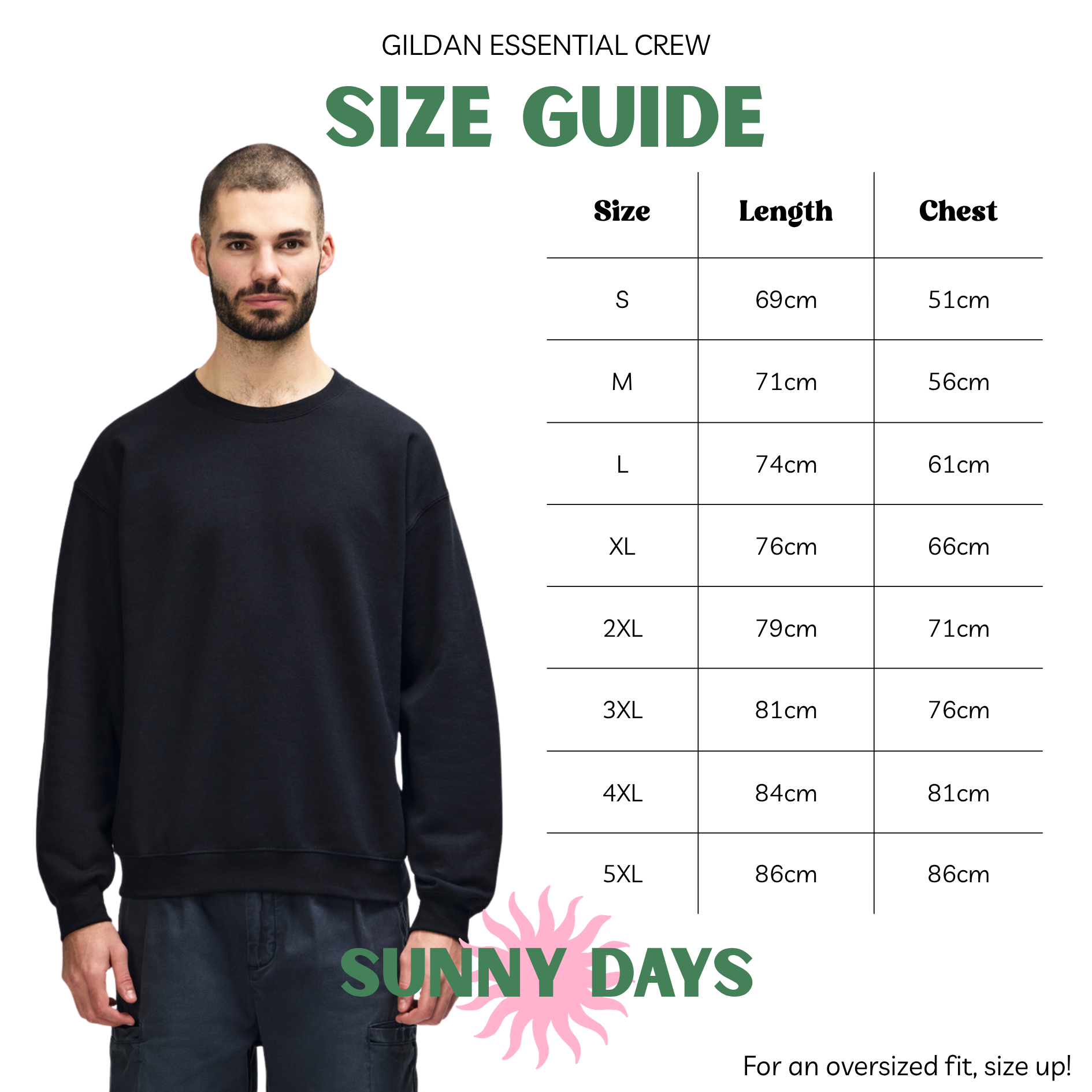 Size guide for Gildan Essential Crew sweatshirt with a man wearing the sweatshirt and 'Sunny Days' logo.