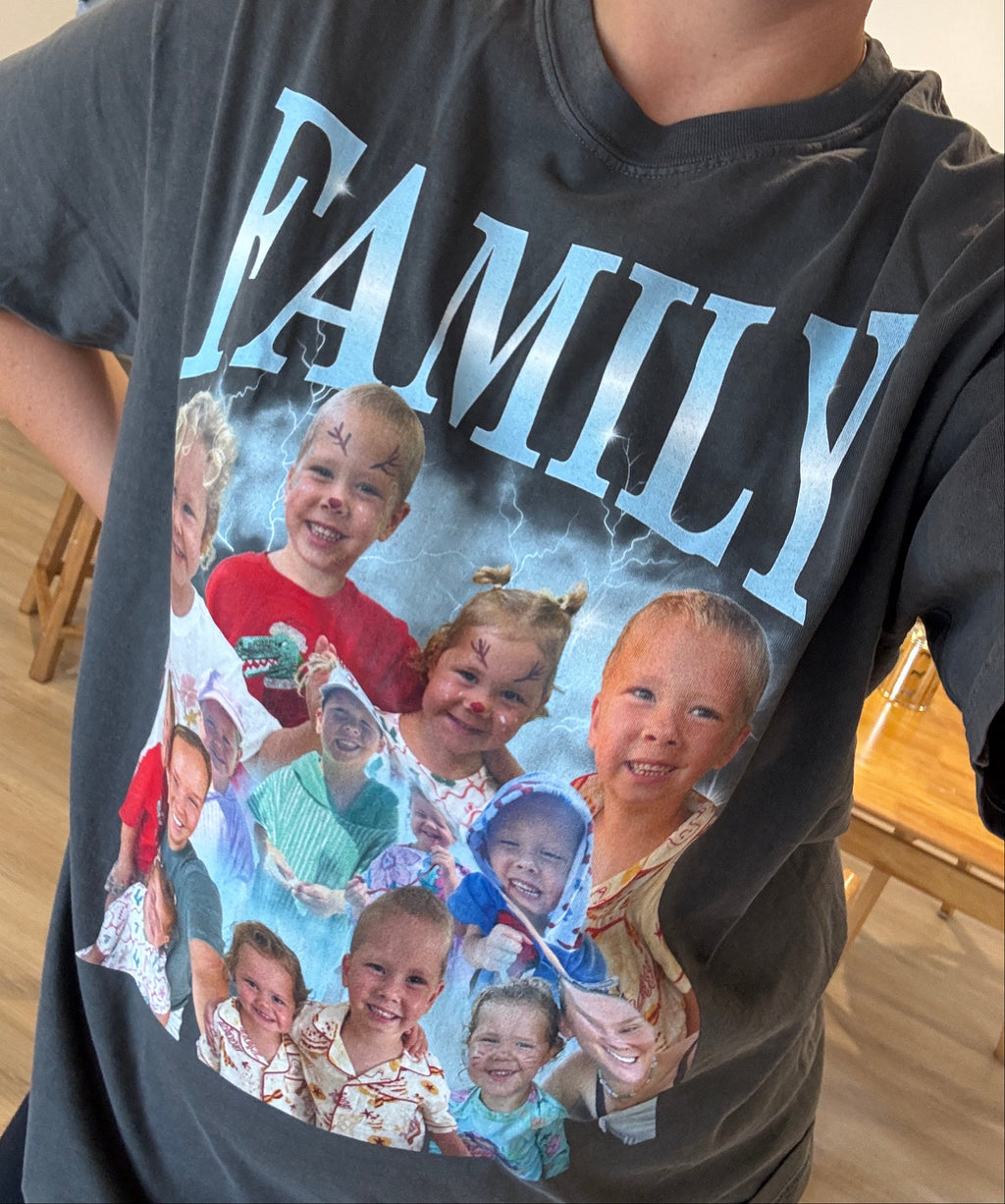 T-shirt with a family photo and the word 'FAMILY' printed on it.