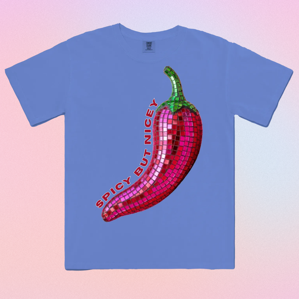 Blue t-shirt with a pink sequin chili pepper design and text on a gradient background