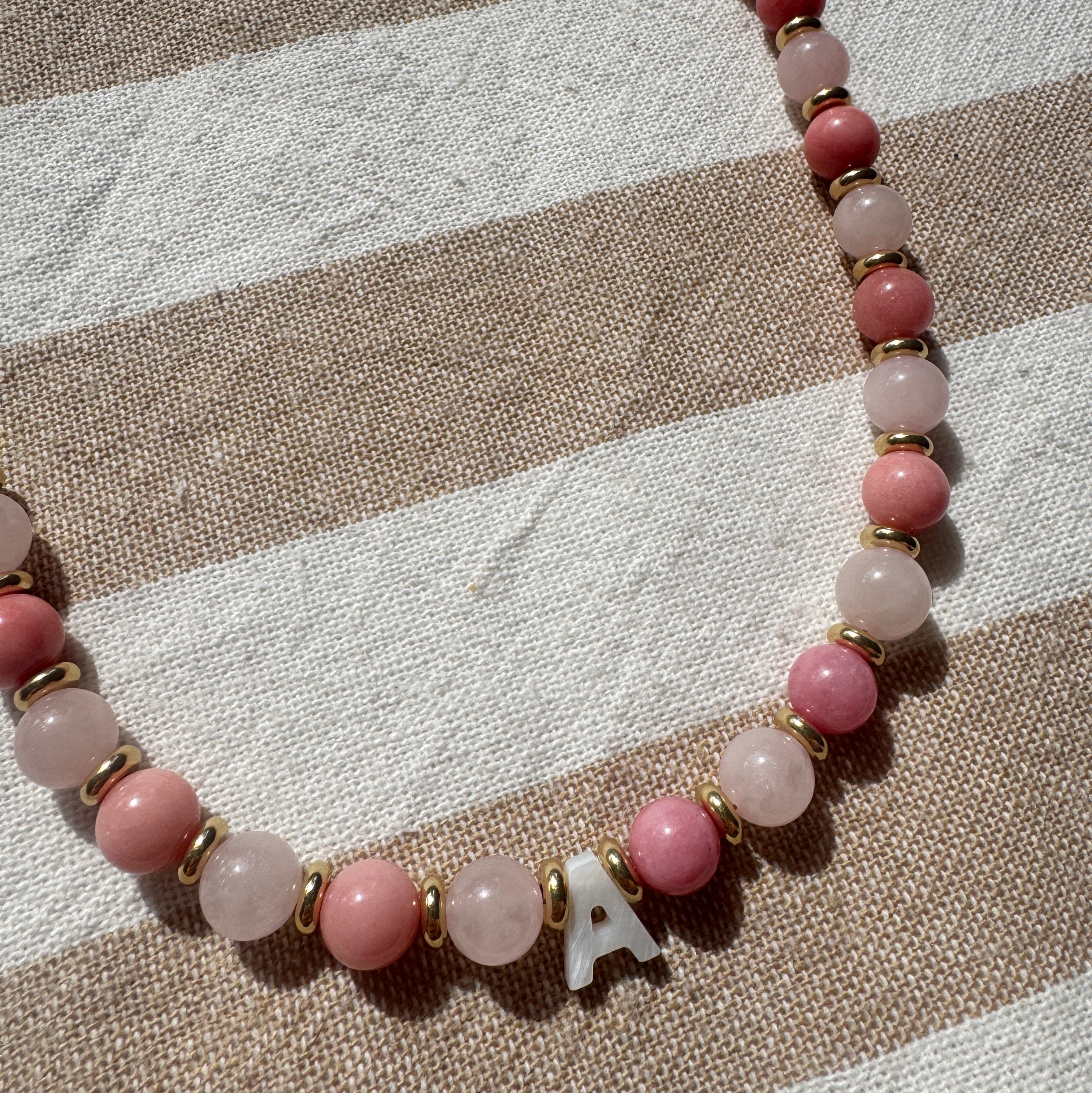 Initial Beaded Necklace - Alternating Pink Gemstones