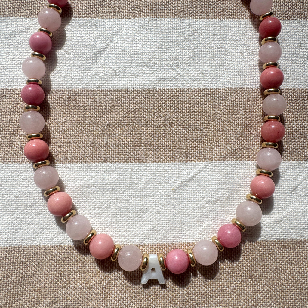 Initial Beaded Necklace - Alternating Pink Gemstones