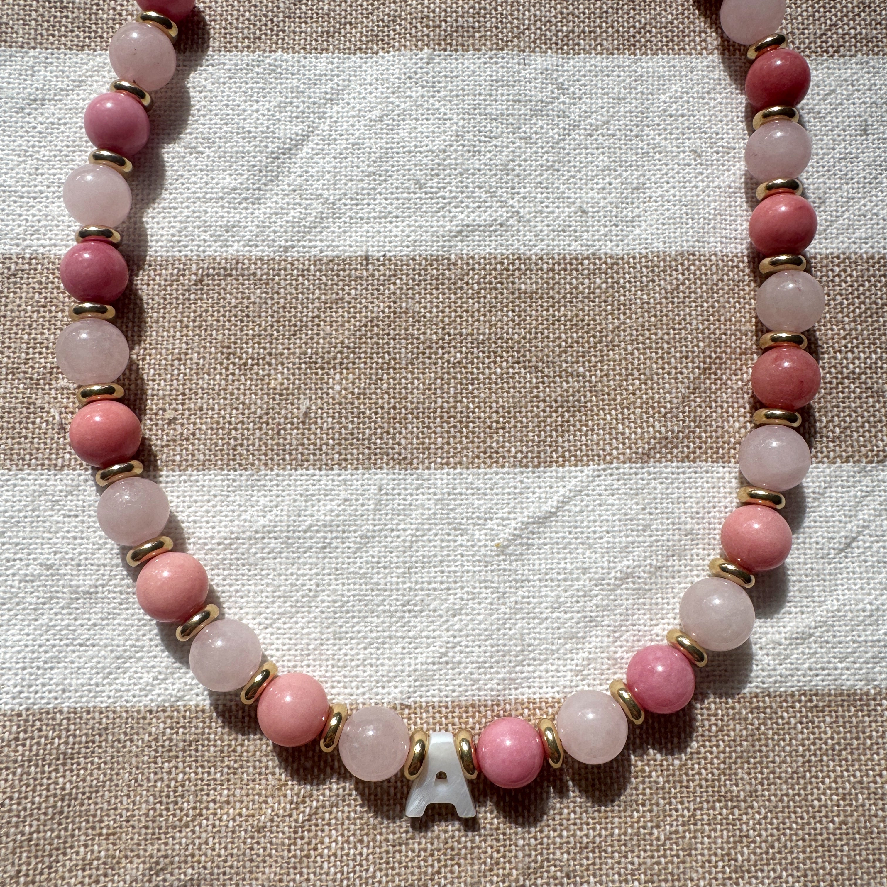 Initial Beaded Necklace - Alternating Pink Gemstones