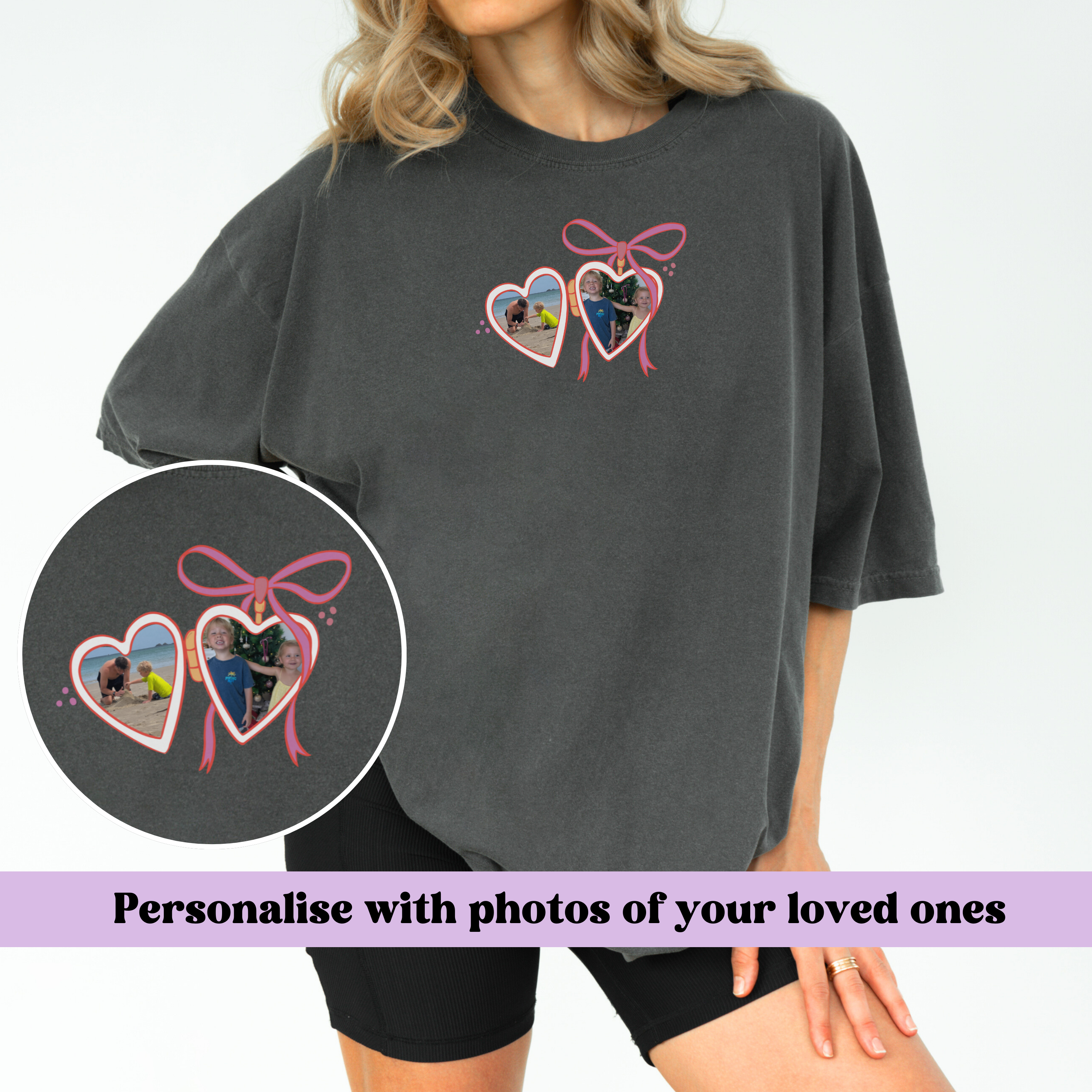 a woman wearing a t - shirt with a picture of two hearts on it