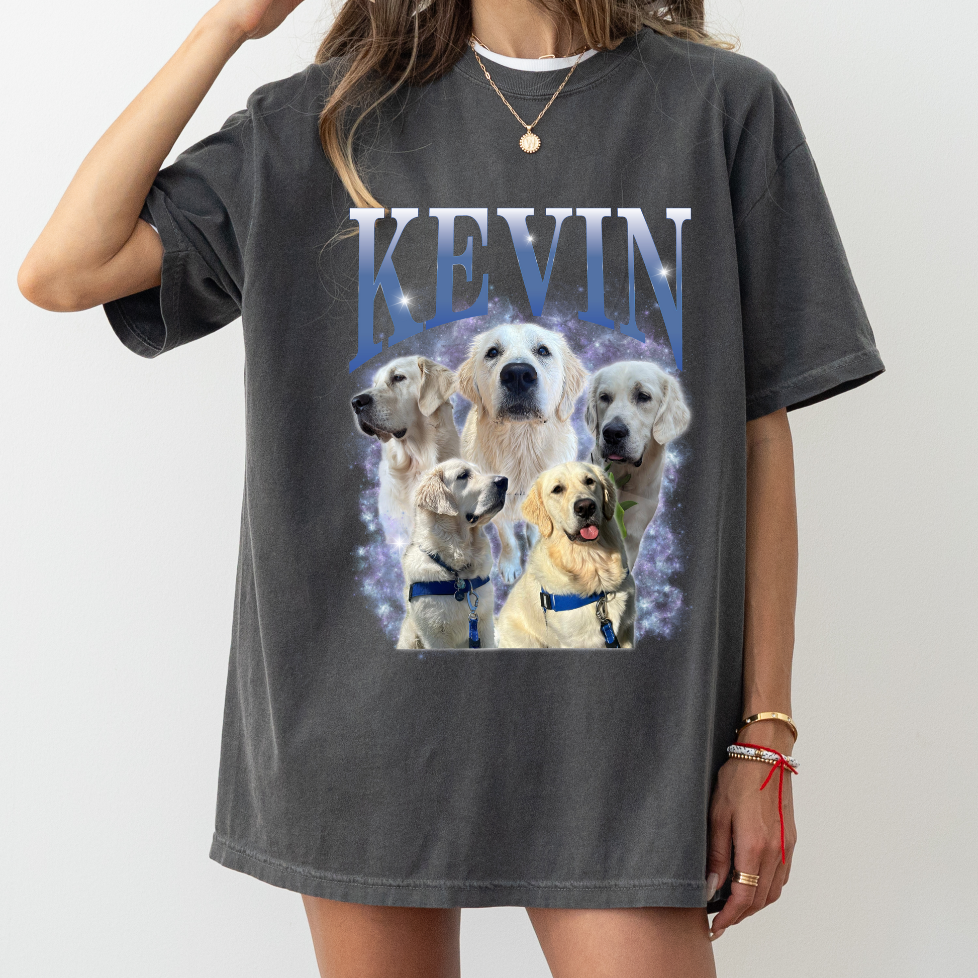 a woman wearing a t - shirt with dogs on it