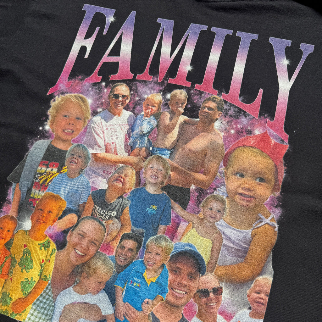 Black t-shirt with a colorful graphic of a family and the word 'FAMILY'.