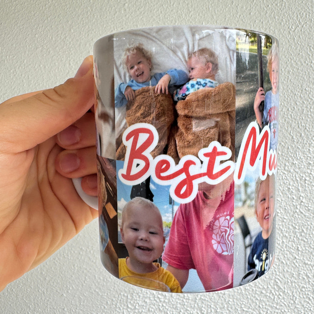 Person holding a cylindrical photo album with family photos and 'Best Mom' text.