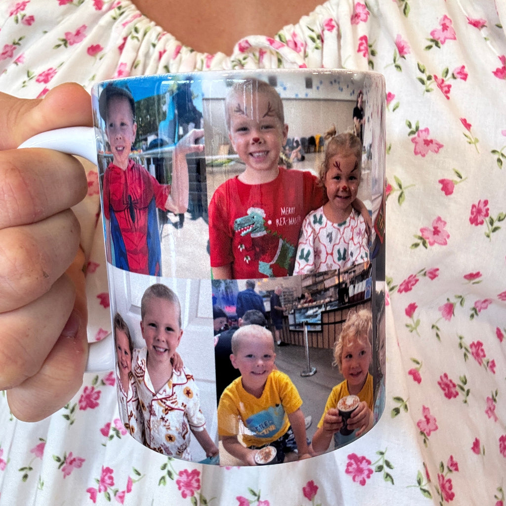 Collage of photos held by a person on a floral fabric background